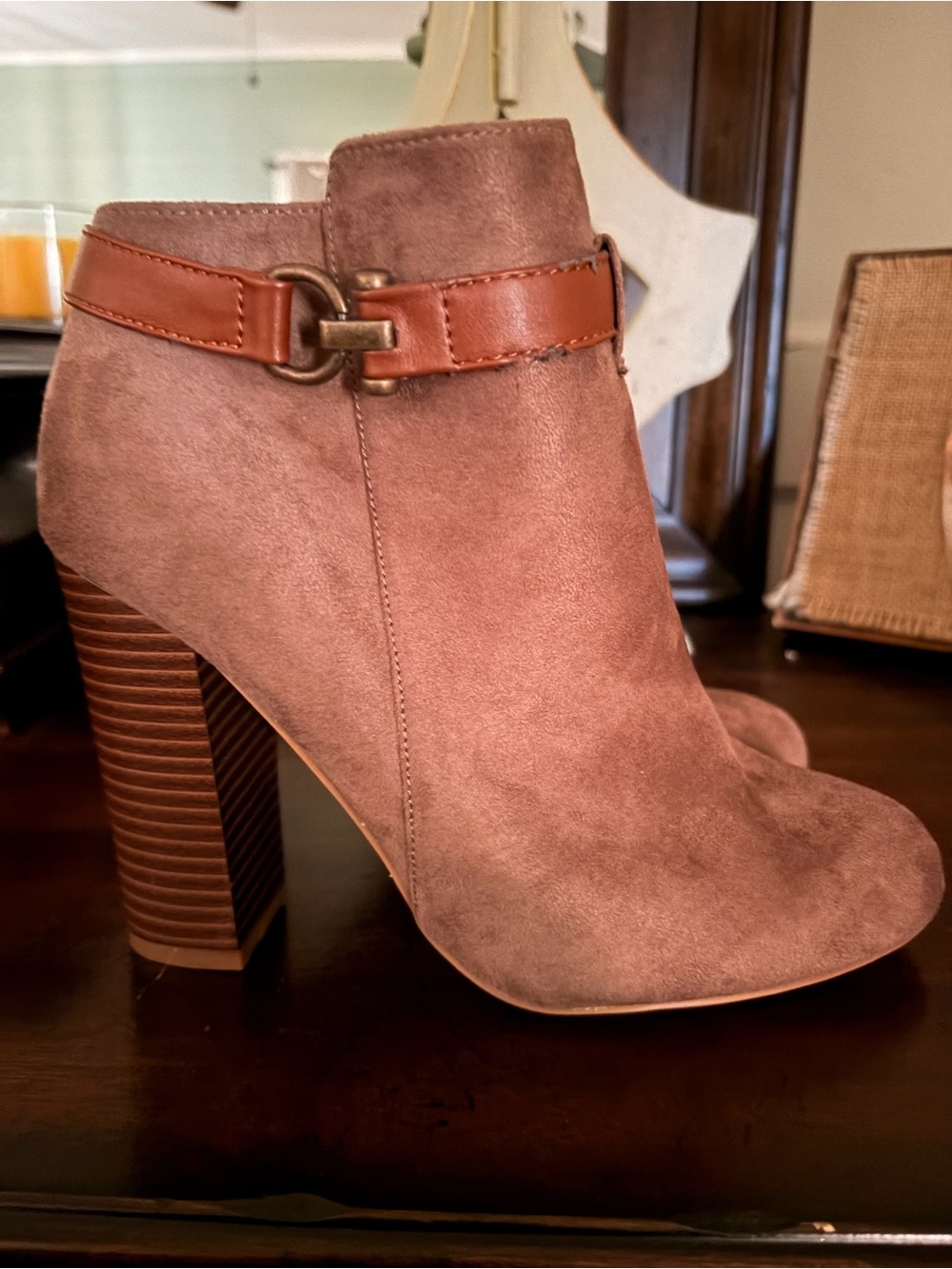 BAMBOO Mauve Suede Ankle Boot with Tan Strap